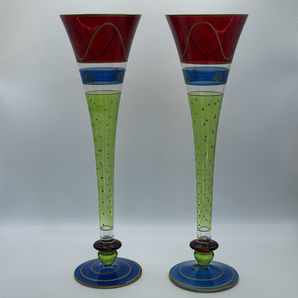 Vintage Pier 1 Hand Painted Champagne Flutes Set 2 Hollow Fiesta Art Glass 10.5"